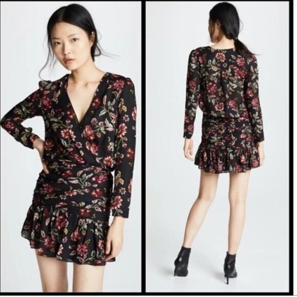 A.L.C. | Haven Ruched Floral Print 100% Silk Dress black red sz 0 - Picture 1 of 6